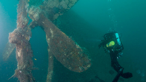 A diver inspectsthe Merak’s stern area