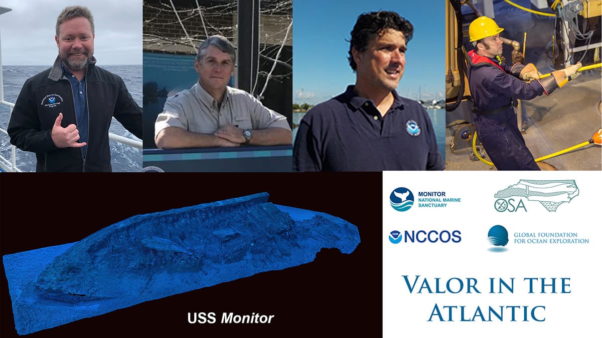 people participating in the webinar and a 3-D scan of the uss monitor wreck